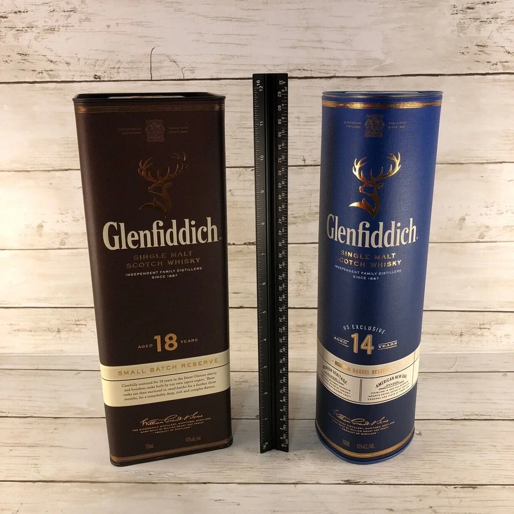 Glenfiddich Scotch Whisky Empty Tins 18 Year & 14 Year Bourbon Barrel Empty Tins